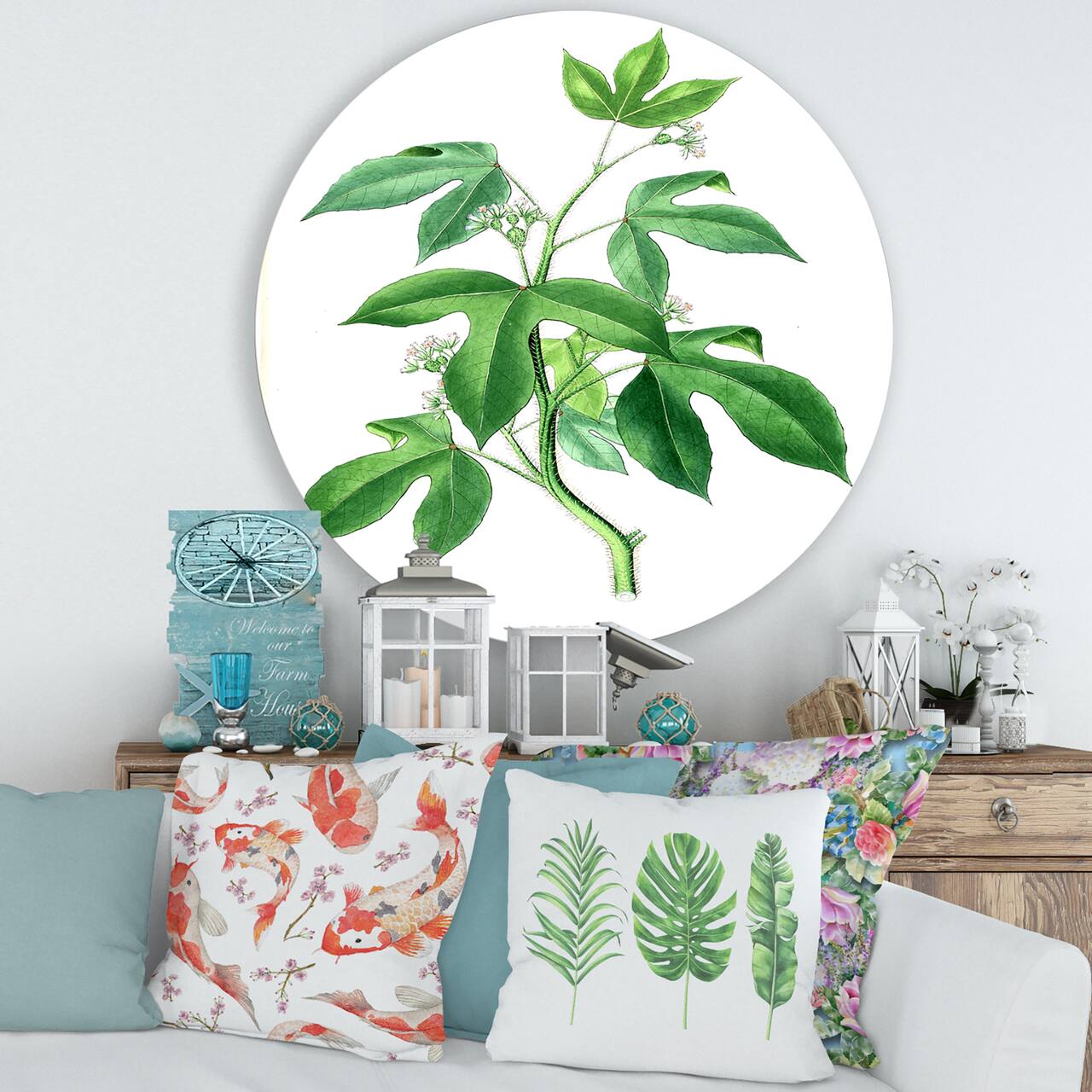 Designart - Vintage Green Leaves Plants V - Traditional Metal Circle Wall Art